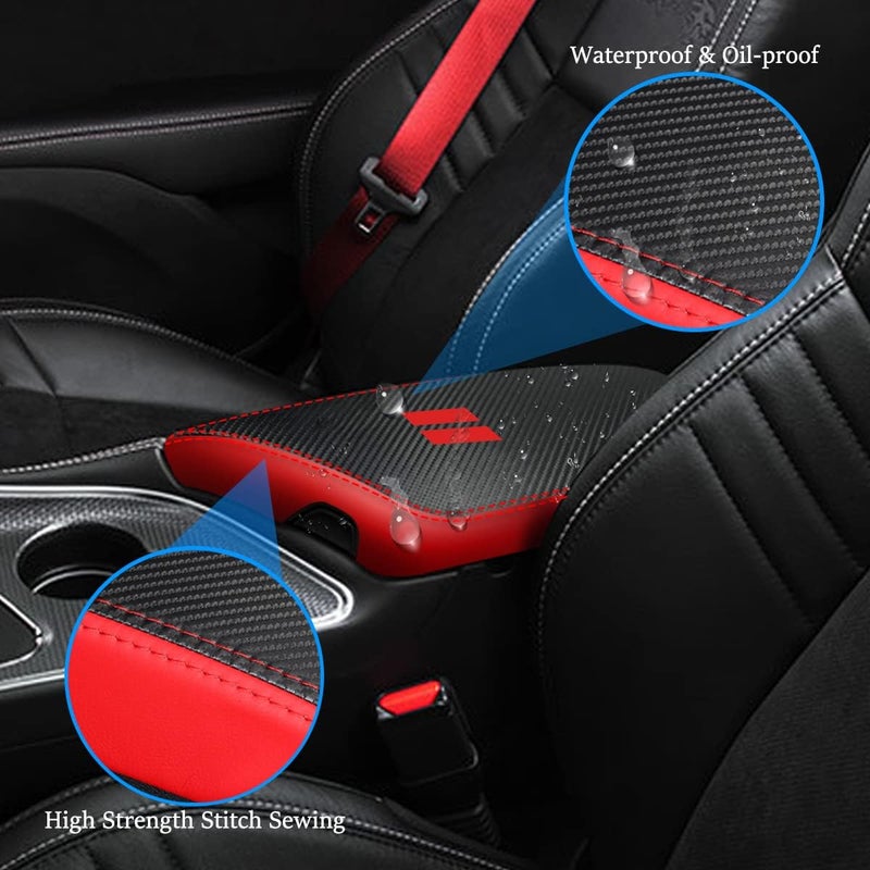 YOFAMO for Dodge Challenger 2015-2023 Car Armrest Cover Waterproof Center Console Pad Covers Scratch Resistance Box Cover Leather Protector Pad Decoration Accessories(Carbon Fiber + Red) - Image 4